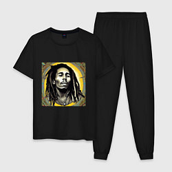 Пижама хлопковая мужская Прекрасный Граффити Портрет Боб Марли, цвет: черный