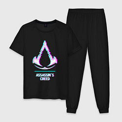 Пижама хлопковая мужская Assassins Creed в стиле glitch и баги графики, цвет: черный