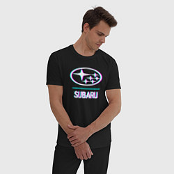 Пижама хлопковая мужская Значок Subaru в стиле glitch, цвет: черный — фото 2