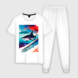 Пижама хлопковая мужская Shark - watercolor - art, цвет: белый