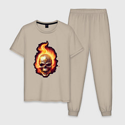 Пижама хлопковая мужская Огненный горящий череп, цвет: миндальный