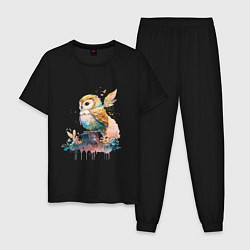 Пижама хлопковая мужская Акварельная милая сова, цвет: черный