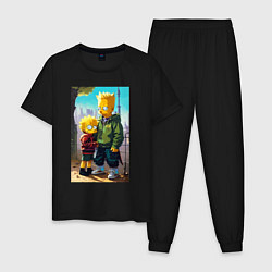 Пижама хлопковая мужская Барт Симпсон с Мэгги в мегаполисе, цвет: черный