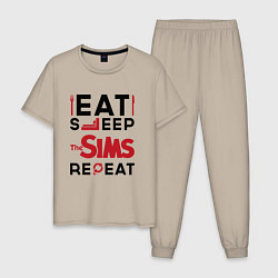Пижама хлопковая мужская Надпись: eat sleep The Sims repeat, цвет: миндальный
