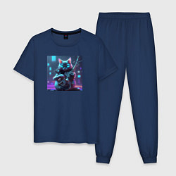 Пижама хлопковая мужская Киберкот-музыкант, цвет: тёмно-синий