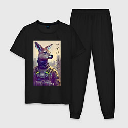 Пижама хлопковая мужская Kangaroo - cyberpunk - neural network, цвет: черный