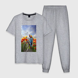 Пижама хлопковая мужская Попугай на велосипеде, цвет: меланж