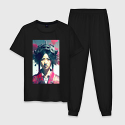 Пижама хлопковая мужская Japanese girl - cyberpunk - neural network, цвет: черный