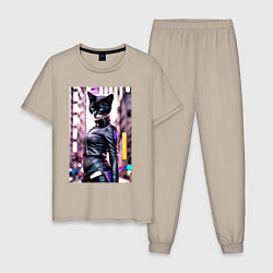Пижама хлопковая мужская Cool black cat - neural network - fashionista, цвет: миндальный