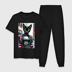 Пижама хлопковая мужская Крутая чёрная кошечка - нейросеть - киберпанк, цвет: черный
