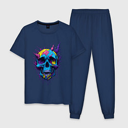Пижама хлопковая мужская Череп с брызгами краски, цвет: тёмно-синий