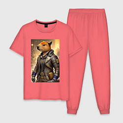 Пижама хлопковая мужская Cool capybara - steampunk - neural network, цвет: коралловый
