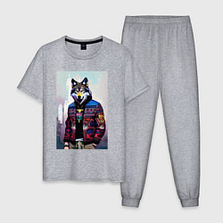 Пижама хлопковая мужская Модный волчара - житель Нью-Йорка - нейросеть, цвет: меланж