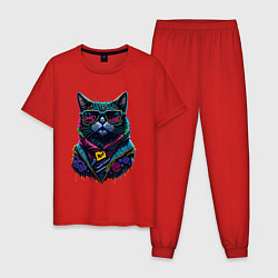 Пижама хлопковая мужская Панк кот в очках, цвет: красный
