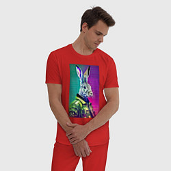 Пижама хлопковая мужская Неоновый модный заяц - нейросеть, цвет: красный — фото 2