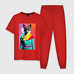 Пижама хлопковая мужская Модная лисичка с розовой косичкой, цвет: красный