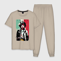 Мужская пижама Девчонка на фоне флага - Италия - поп-арт