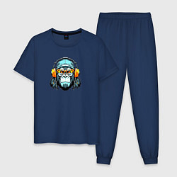 Пижама хлопковая мужская Обезьяна и наушники, цвет: тёмно-синий