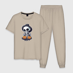 Пижама хлопковая мужская Скелет на Хэллоуин, цвет: миндальный