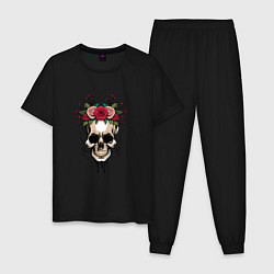 Пижама хлопковая мужская Цветочный череп Мексики, цвет: черный