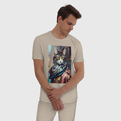 Пижама хлопковая мужская Городской котяра - модник, цвет: миндальный — фото 2