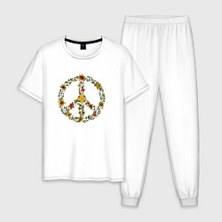 Пижама хлопковая мужская Пацифик знак хиппи цветы, цвет: белый