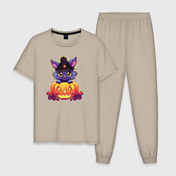 Пижама хлопковая мужская Милый котик и тыква - Хэллоуин, цвет: миндальный
