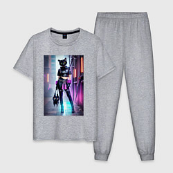 Пижама хлопковая мужская Крутая модная кисуля в ночном Бронксе - нейросеть, цвет: меланж