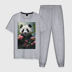Пижама хлопковая мужская Панда в цветах под дождём - нейросеть, цвет: меланж