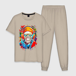 Пижама хлопковая мужская Череп в бандане очках и наушниках, цвет: миндальный