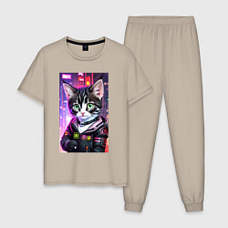Пижама хлопковая мужская Глазастый городской котёнок, цвет: миндальный
