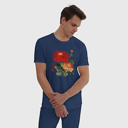 Пижама хлопковая мужская Красные хризантемы, цвет: тёмно-синий — фото 2