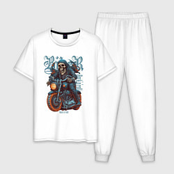 Пижама хлопковая мужская Скелет байкера на мотоцикле под rocknroll, цвет: белый
