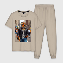 Пижама хлопковая мужская Cool tiger on the streets of New York - ai art, цвет: миндальный