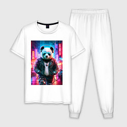 Пижама хлопковая мужская Панда в ночном Пекине - киберпанк - нейросеть, цвет: белый