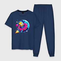 Пижама хлопковая мужская Барт Симпсон на ракете-пончике - нейросеть, цвет: тёмно-синий