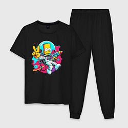 Пижама хлопковая мужская Барт Симпсон в космосе с лазерным пистолетом, цвет: черный