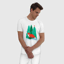 Пижама хлопковая мужская Лиса в лесу и птичка, цвет: белый — фото 2