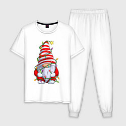 Пижама хлопковая мужская Новогодний гном с гирляндой, цвет: белый
