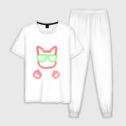 Пижама хлопковая мужская Кошачья морда в неоне, цвет: белый