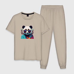Пижама хлопковая мужская Модная панда в солнечных очках, цвет: миндальный