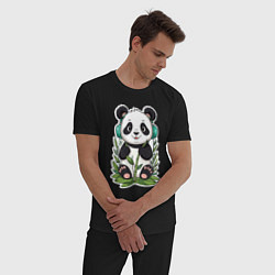Пижама хлопковая мужская Медвежонок панды в наушниках, цвет: черный — фото 2
