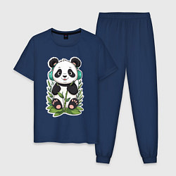 Пижама хлопковая мужская Медвежонок панды в наушниках, цвет: тёмно-синий