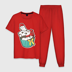 Пижама хлопковая мужская Пандочки и кот, цвет: красный