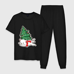 Пижама хлопковая мужская Котик против елки, цвет: черный