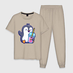 Пижама хлопковая мужская Пингвин с напитком, цвет: миндальный