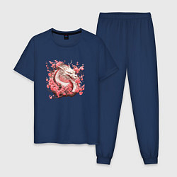 Пижама хлопковая мужская Драконы и сакура, цвет: тёмно-синий