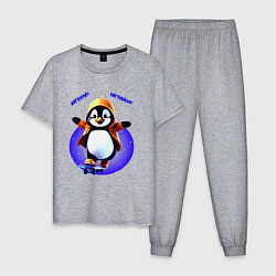 Пижама хлопковая мужская Пингвин на скейте, цвет: меланж