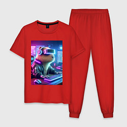 Пижама хлопковая мужская Капибара игроман - неоновое свечение, цвет: красный