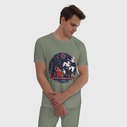 Пижама хлопковая мужская Сказка Гуси - лебеди в стиле мезенской росписи, цвет: авокадо — фото 2